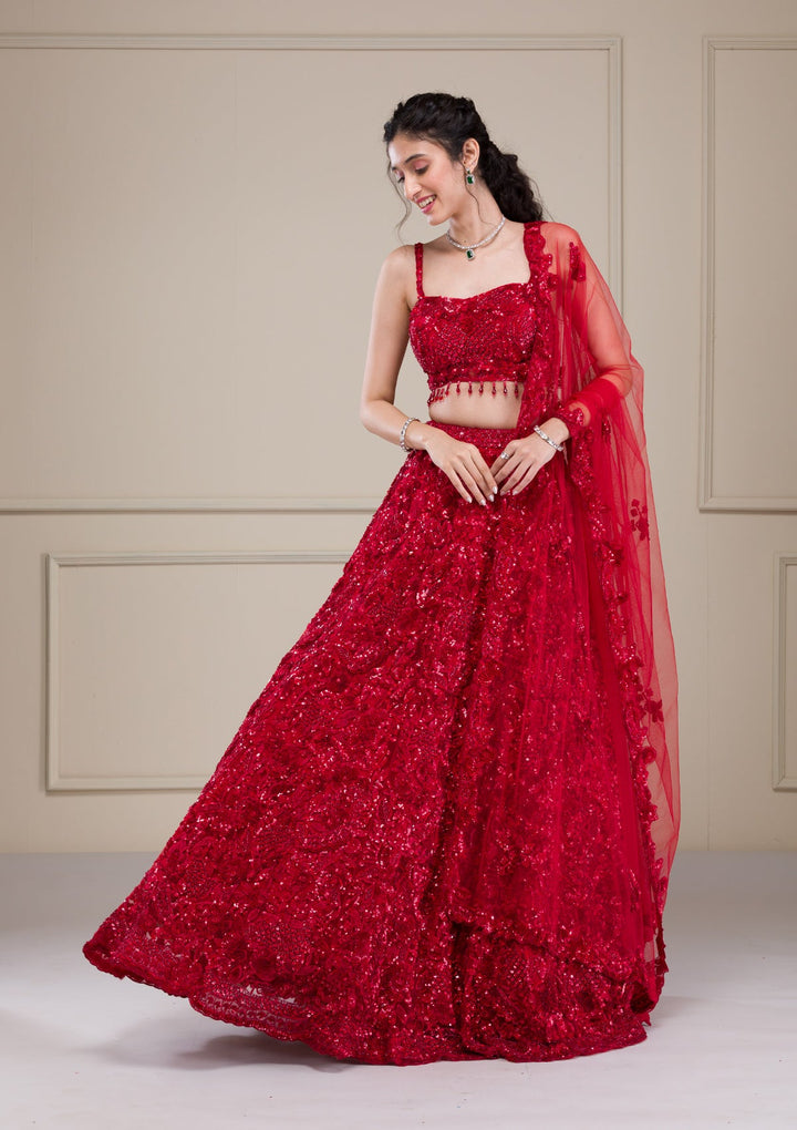 Red Cutdana Net Readymade Lehenga-Koskii