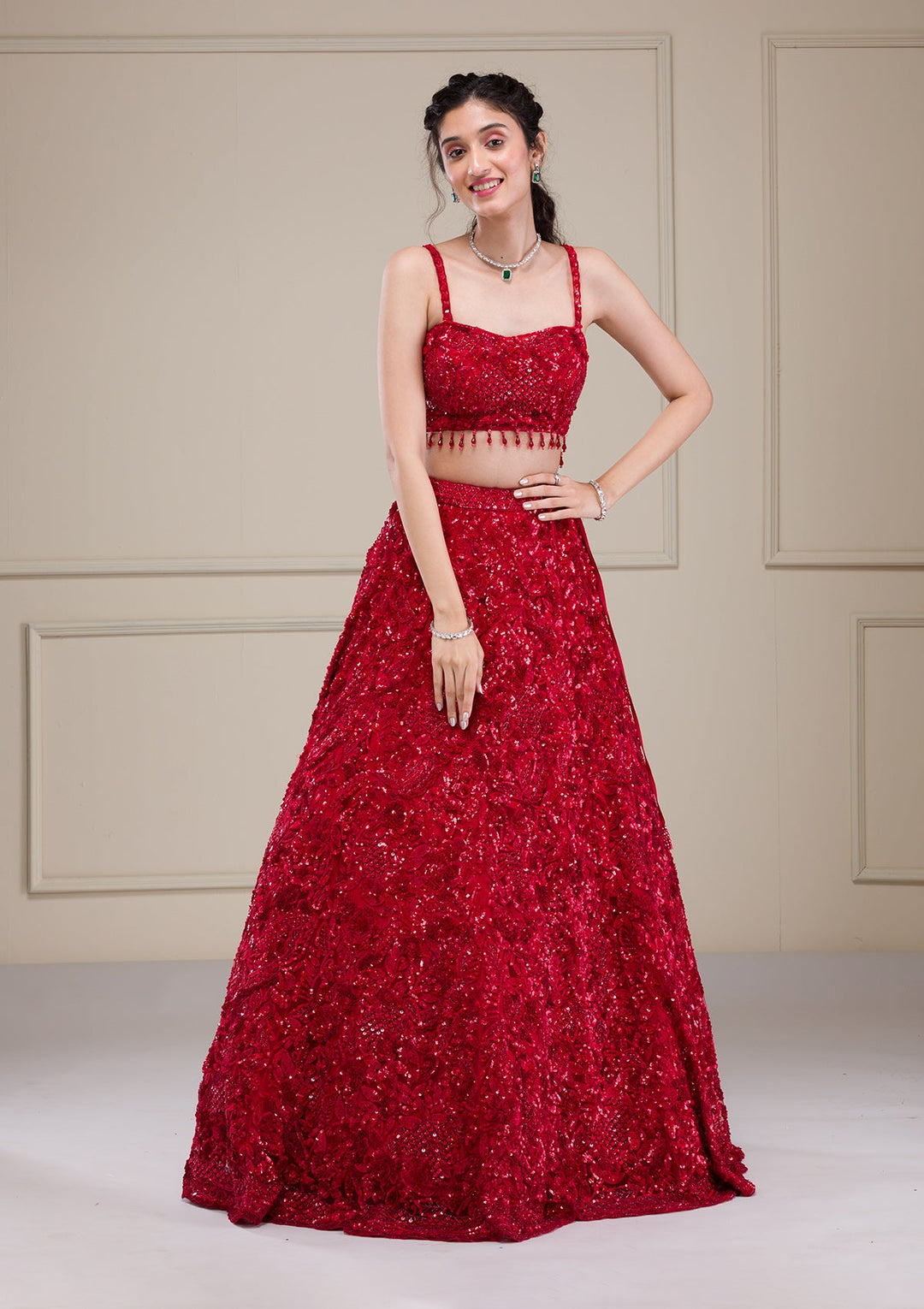 Red Cutdana Net Readymade Lehenga-Koskii
