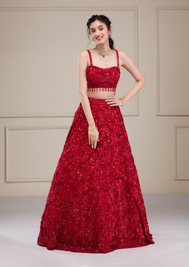 Red Cutdana Net Readymade Lehenga-Koskii