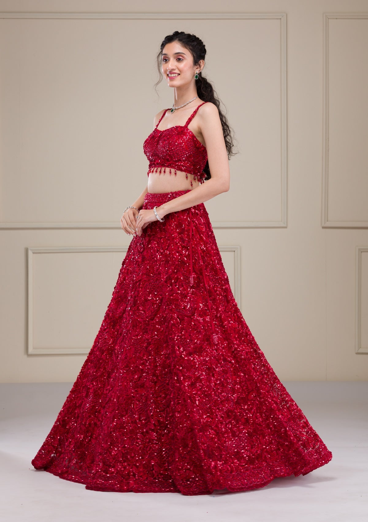 Red Cutdana Net Readymade Lehenga-Koskii