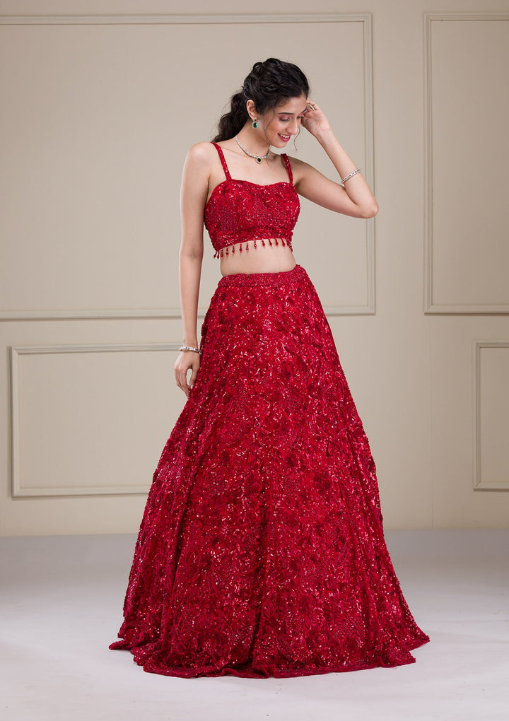 Red Cutdana Net Readymade Lehenga-Koskii