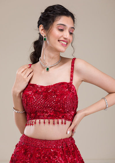 Red Cutdana Net Readymade Lehenga-Koskii