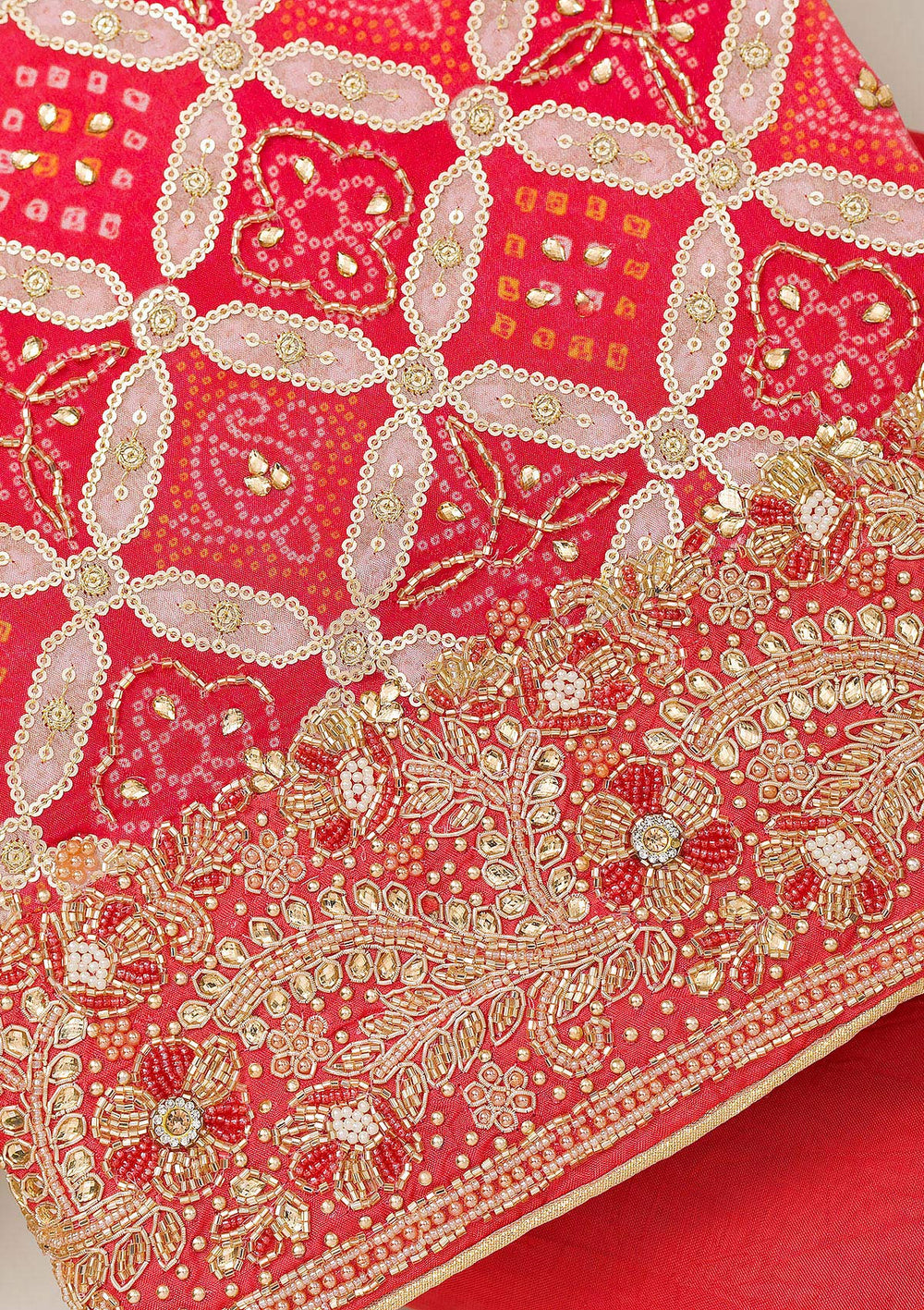 Red Cutdana Semi Crepe Unstitched Salwar Suit-Koskii