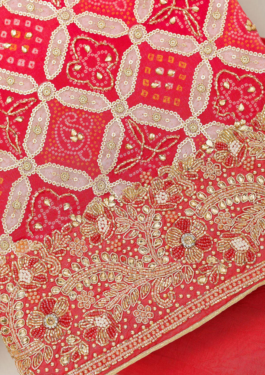 Red Cutdana Semi Crepe Unstitched Salwar Suit-Koskii