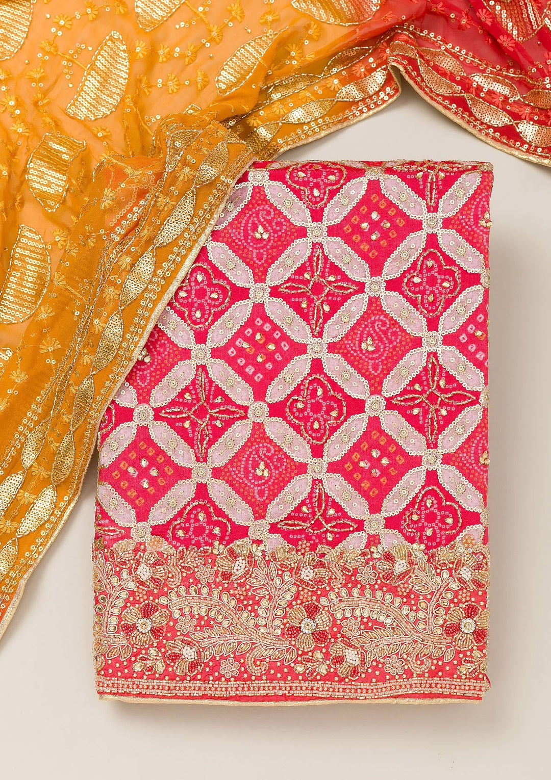 Red Cutdana Semi Crepe Unstitched Salwar Suit-Koskii