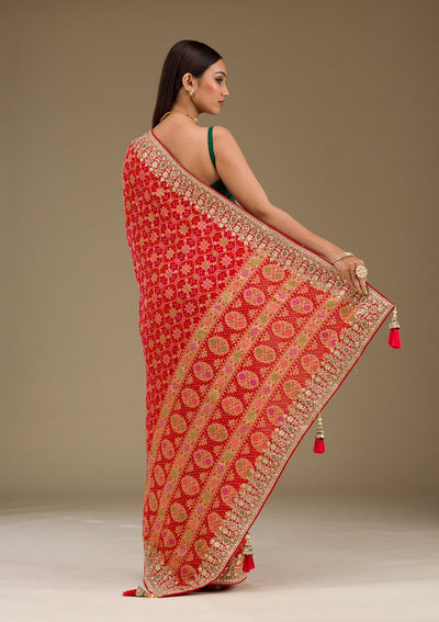 Red Gotapatti Chiffon Saree-Koskii