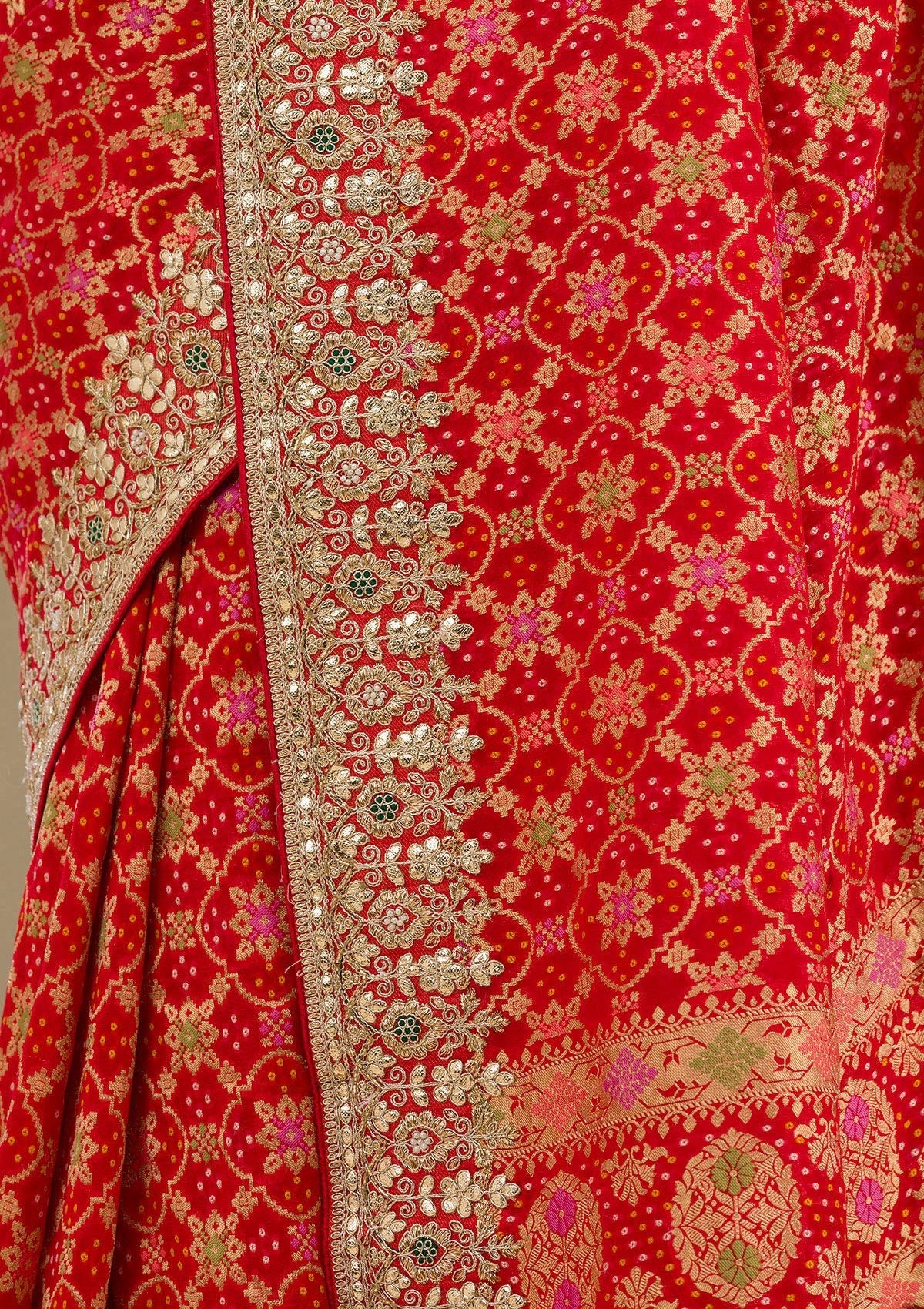 Red Gotapatti Chiffon Saree-Koskii