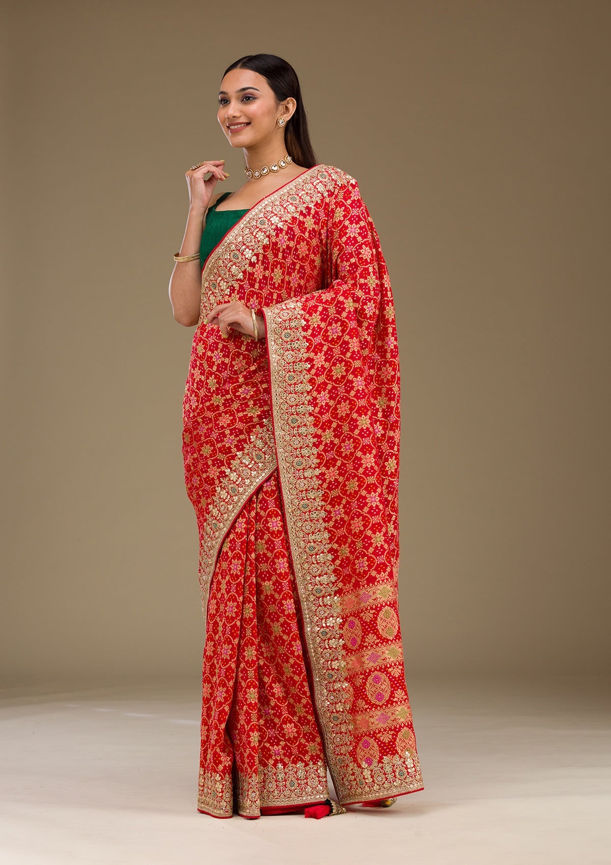 Red Gotapatti Chiffon Saree-Koskii