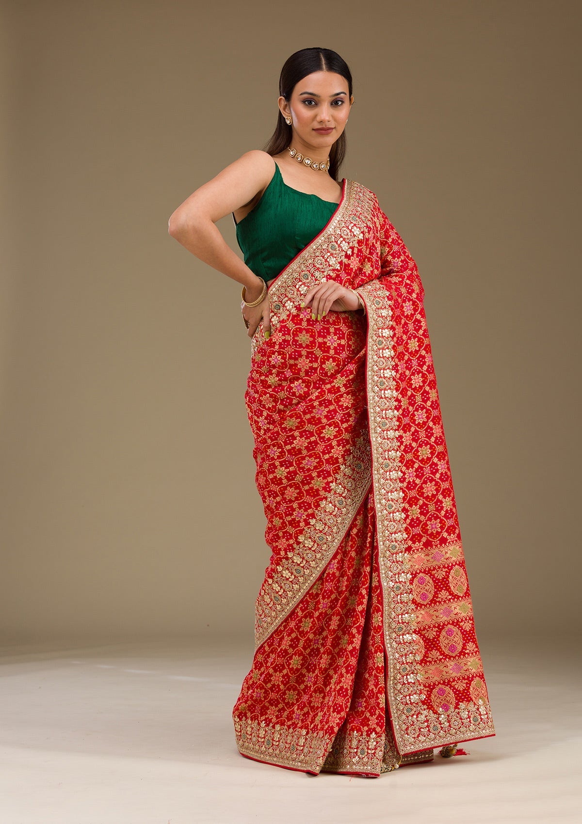 Red Gotapatti Chiffon Saree-Koskii