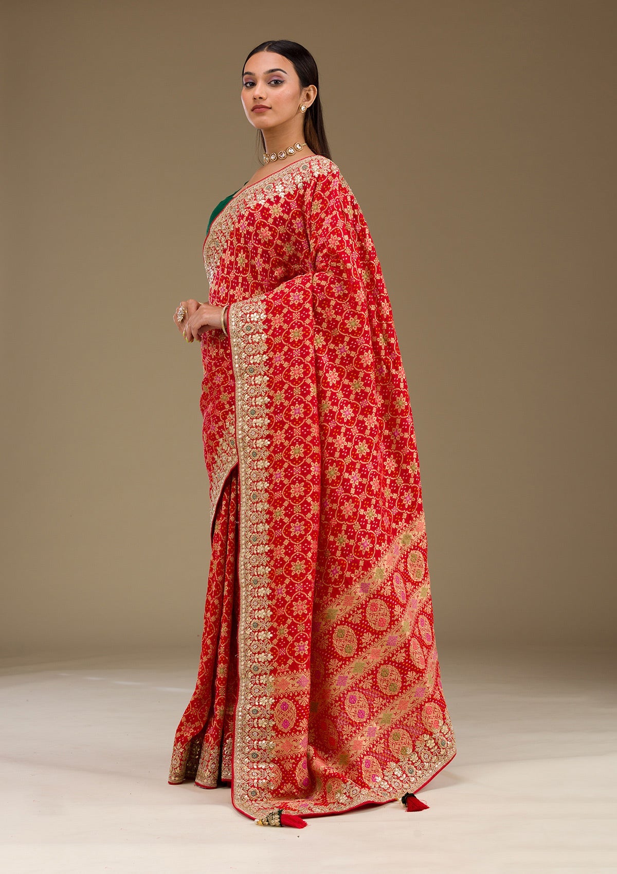 Red Gotapatti Chiffon Saree-Koskii