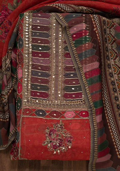 Red Gotapatti Georgette Unstitched Salwar Suit-Koskii