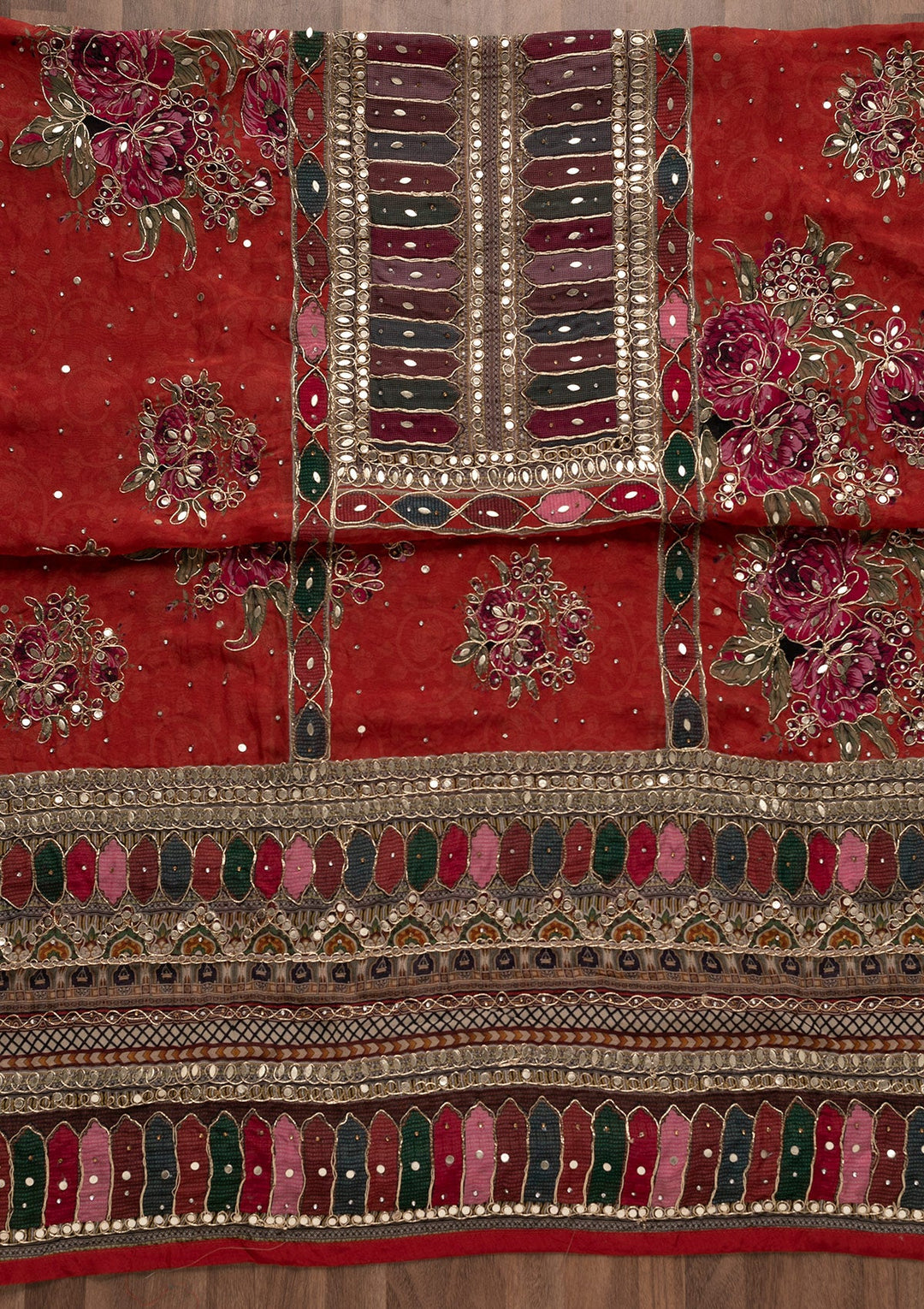 Red Gotapatti Georgette Unstitched Salwar Suit-Koskii