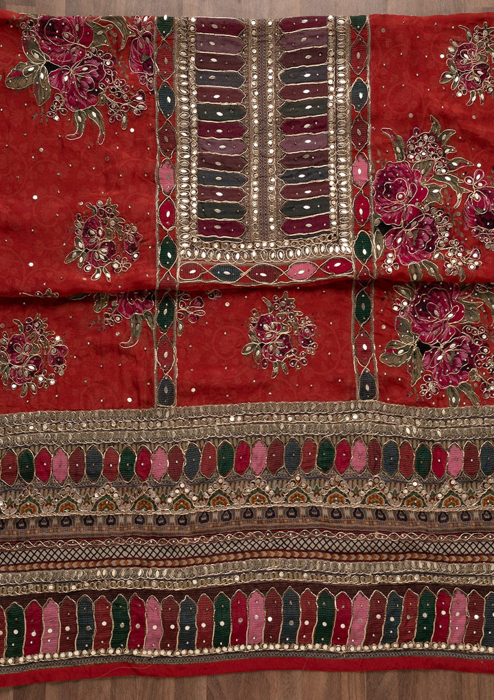 Red Gotapatti Georgette Unstitched Salwar Suit-Koskii
