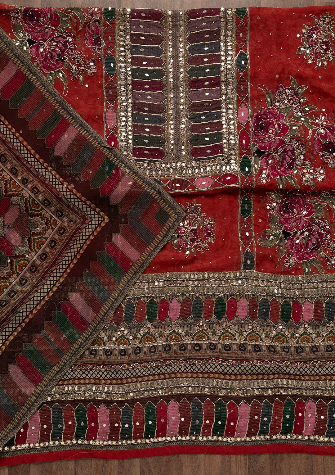 Red Gotapatti Georgette Unstitched Salwar Suit-Koskii