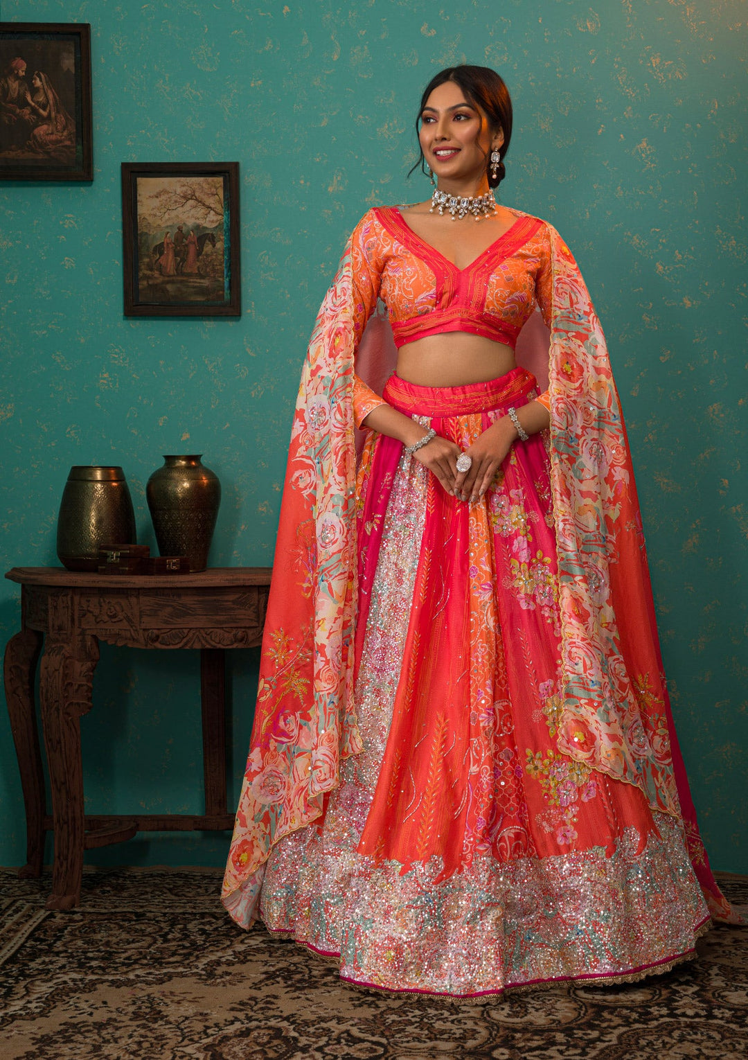 Red Mirrorwork Crepe Readymade Lehenga-Koskii