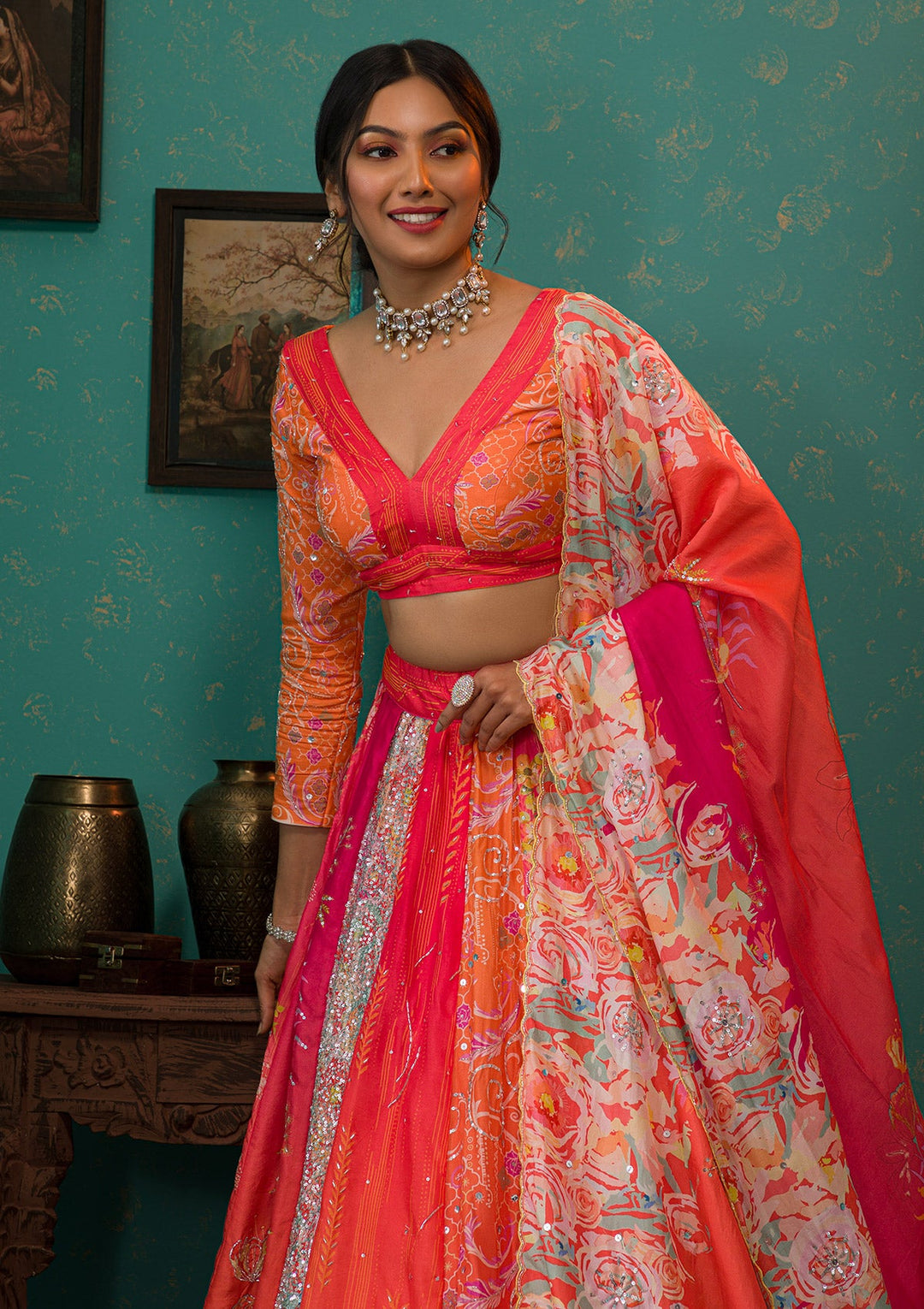 Red Mirrorwork Crepe Readymade Lehenga-Koskii