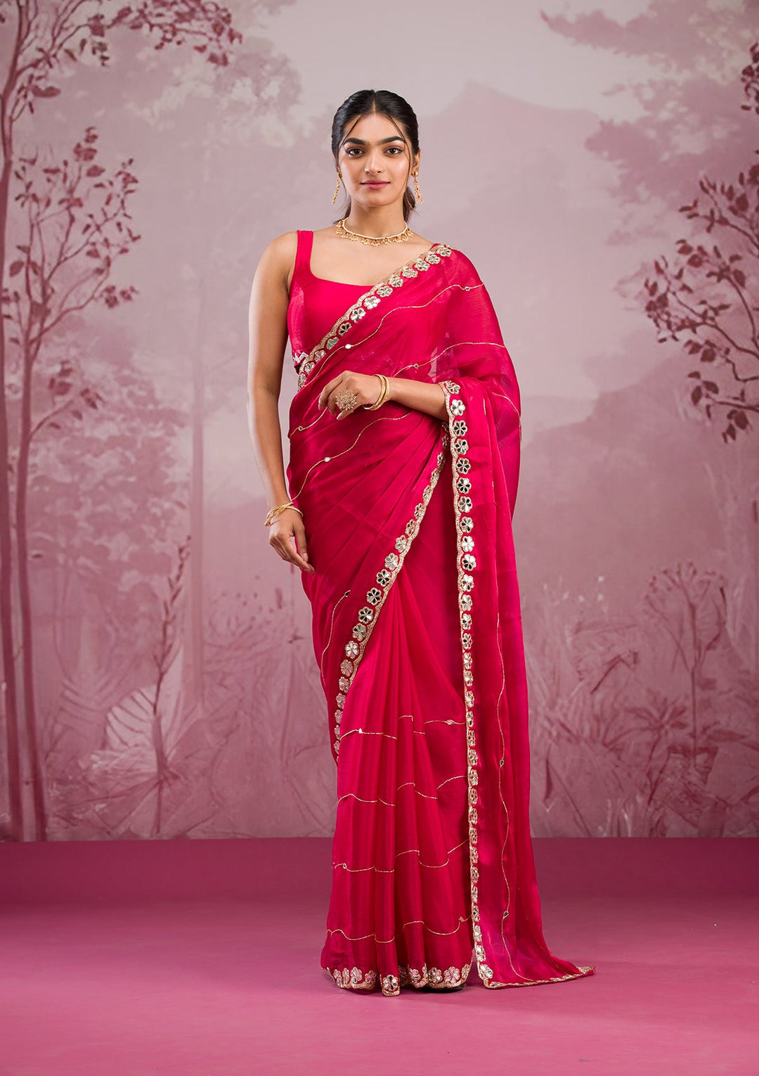 Red Mirrorwork Georgette Saree-Koskii