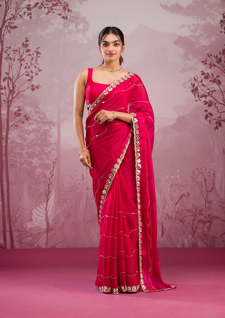Red Mirrorwork Georgette Saree-Koskii
