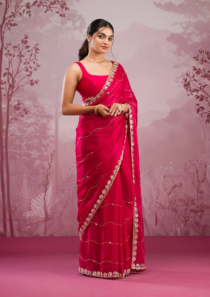 Red Mirrorwork Georgette Saree-Koskii