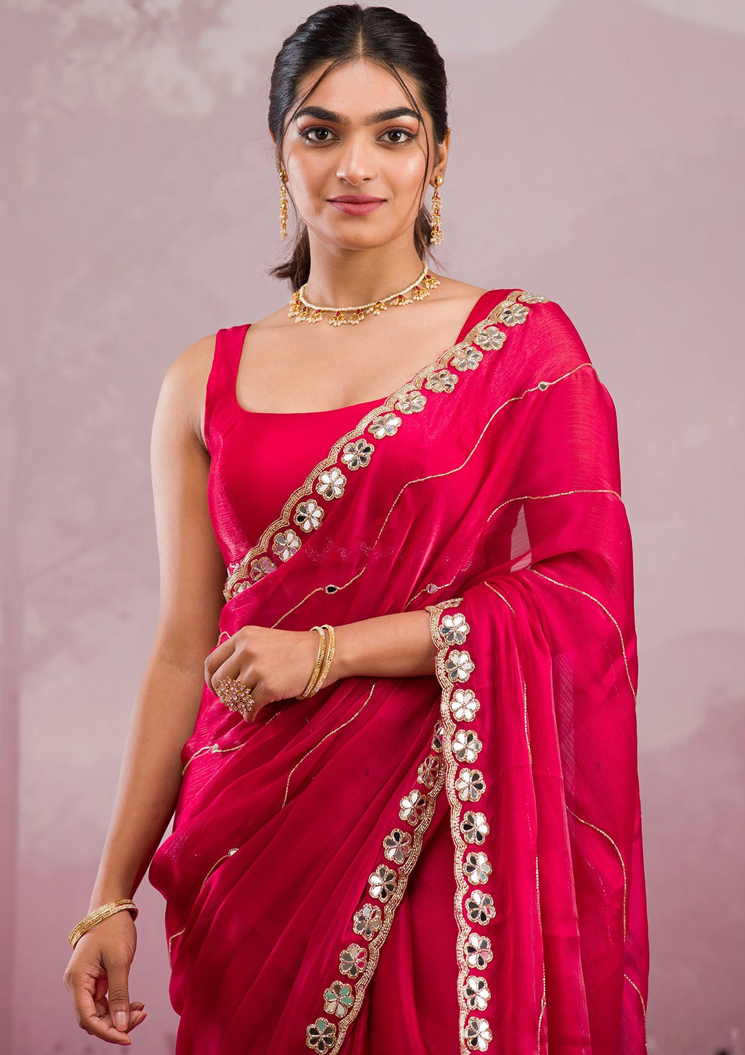 Red Mirrorwork Georgette Saree-Koskii