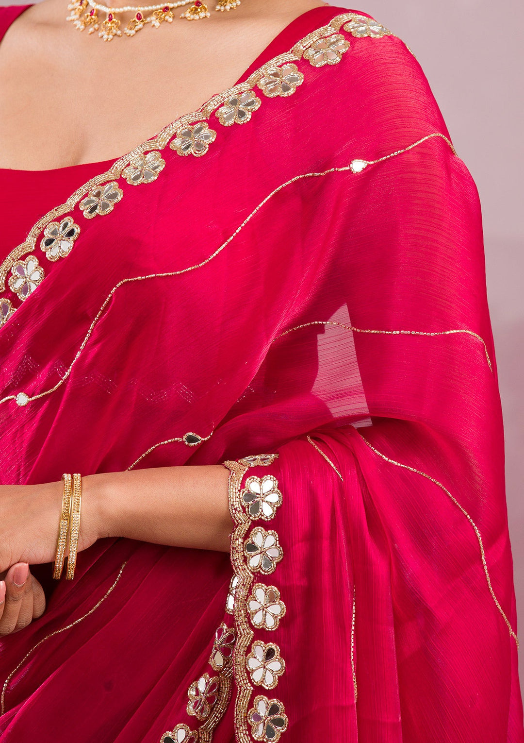 Red Mirrorwork Georgette Saree-Koskii