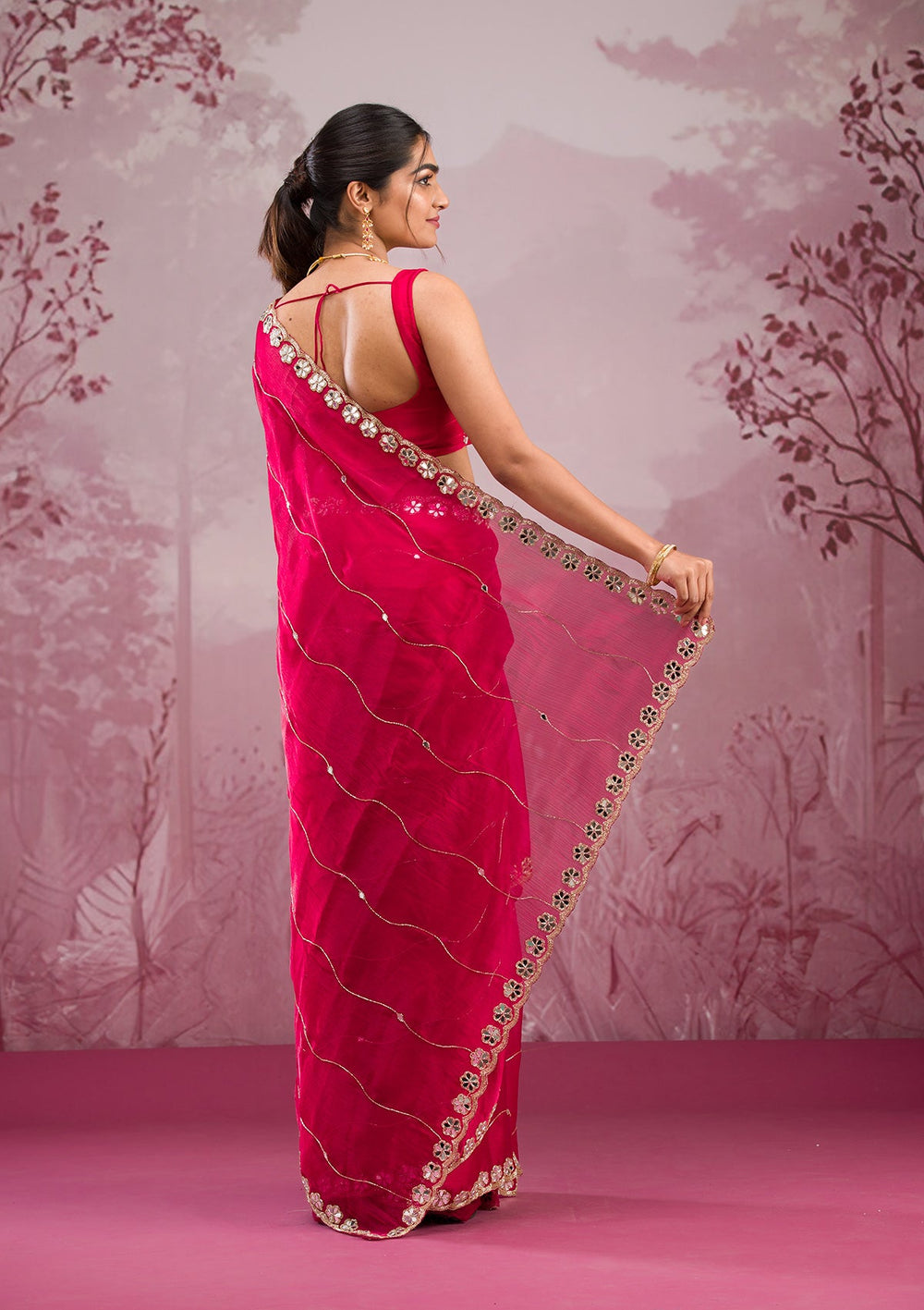 Red Mirrorwork Georgette Saree-Koskii