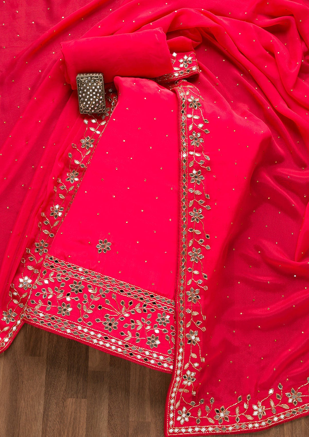 Red Mirrorwork Semi Crepe Unstitched Salwar Suit-Koskii