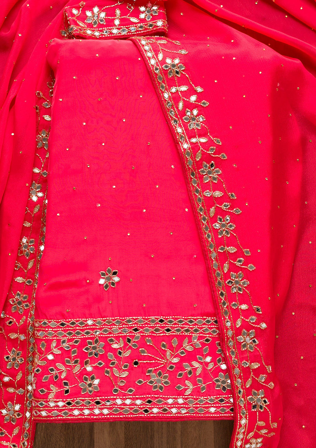 Red Mirrorwork Semi Crepe Unstitched Salwar Suit-Koskii