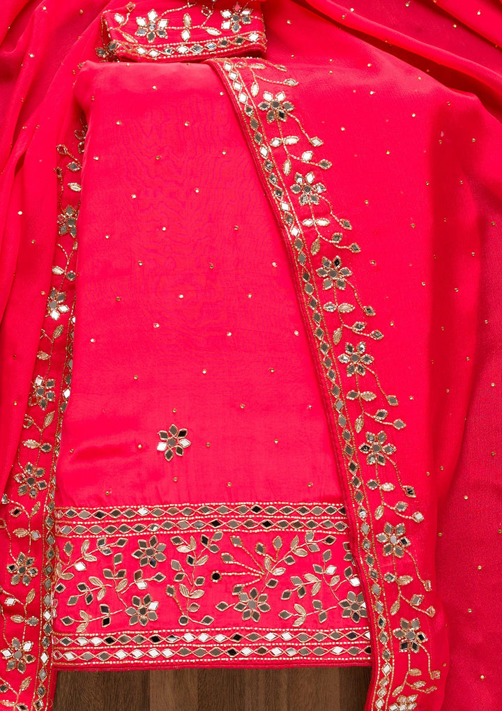 Red Mirrorwork Semi Crepe Unstitched Salwar Suit-Koskii
