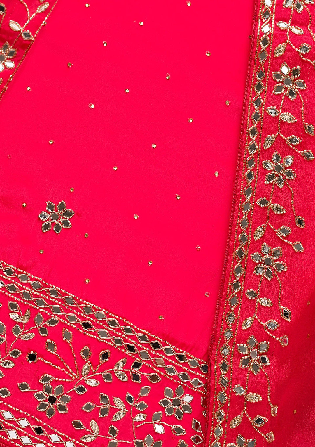 Red Mirrorwork Semi Crepe Unstitched Salwar Suit-Koskii