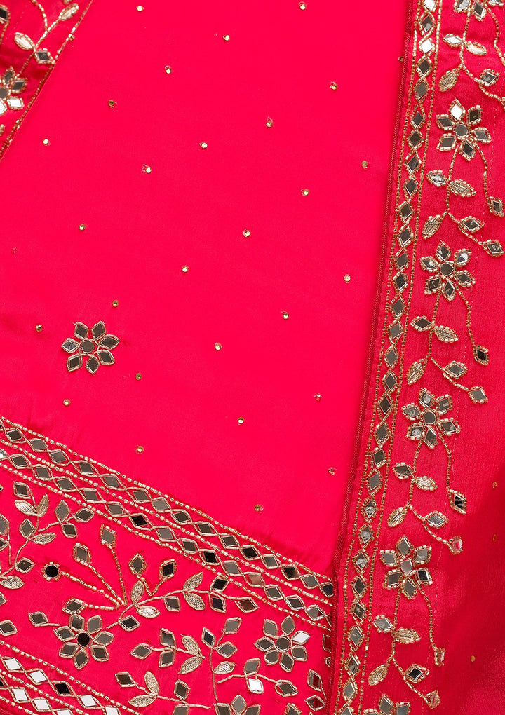 Red Mirrorwork Semi Crepe Unstitched Salwar Suit-Koskii