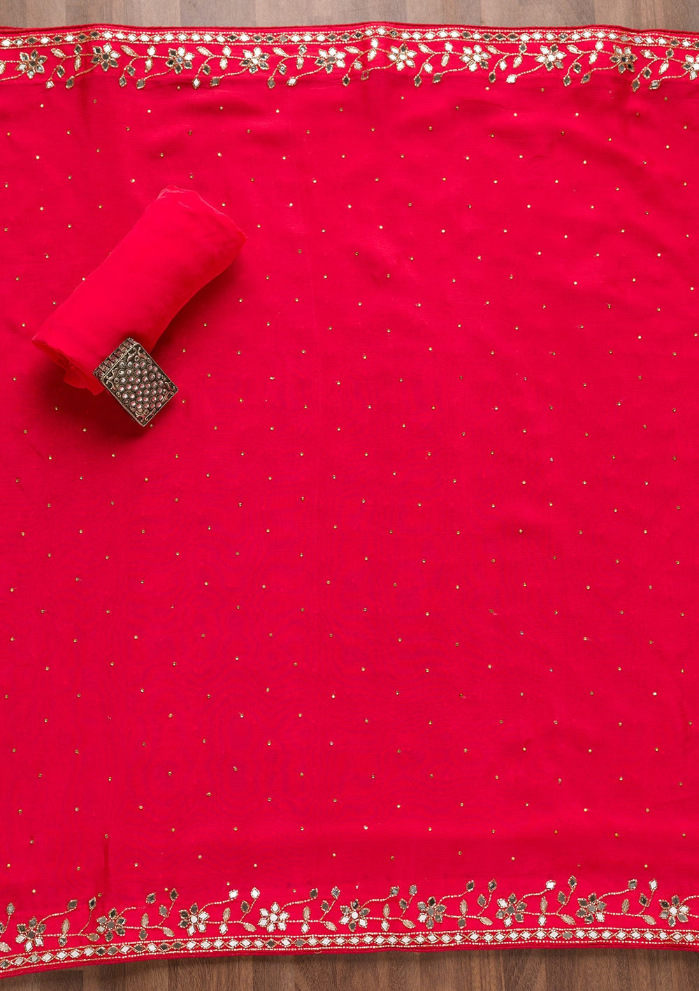Red Mirrorwork Semi Crepe Unstitched Salwar Suit-Koskii