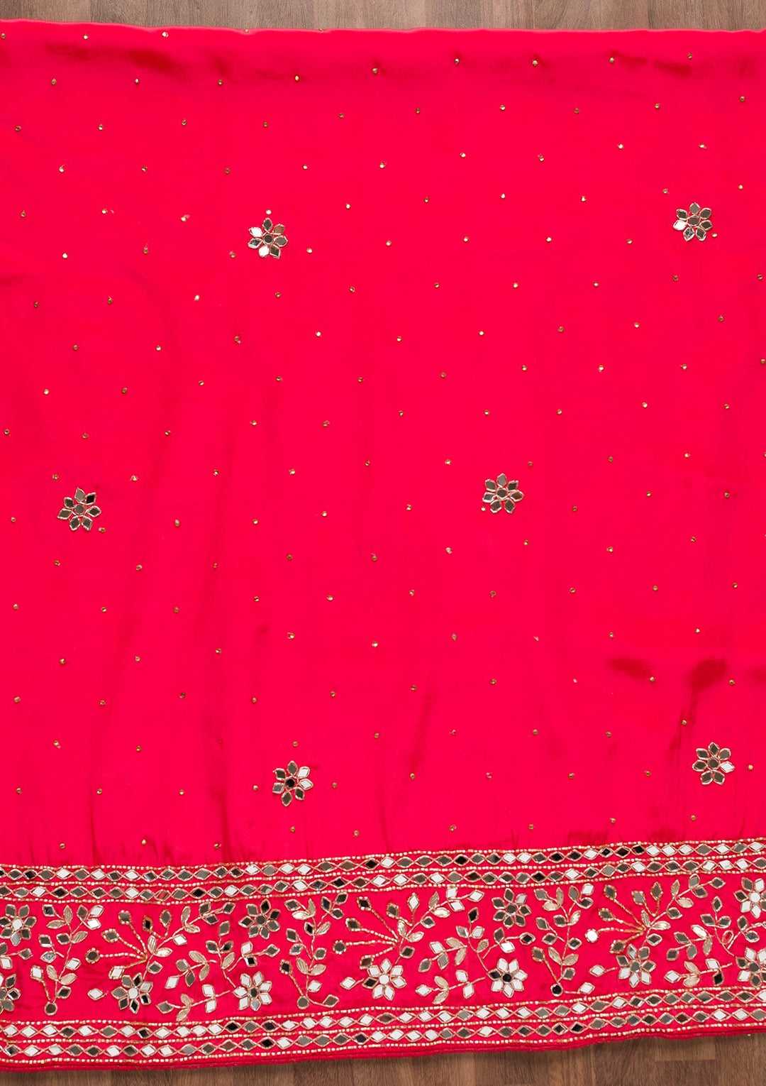 Red Mirrorwork Semi Crepe Unstitched Salwar Suit-Koskii
