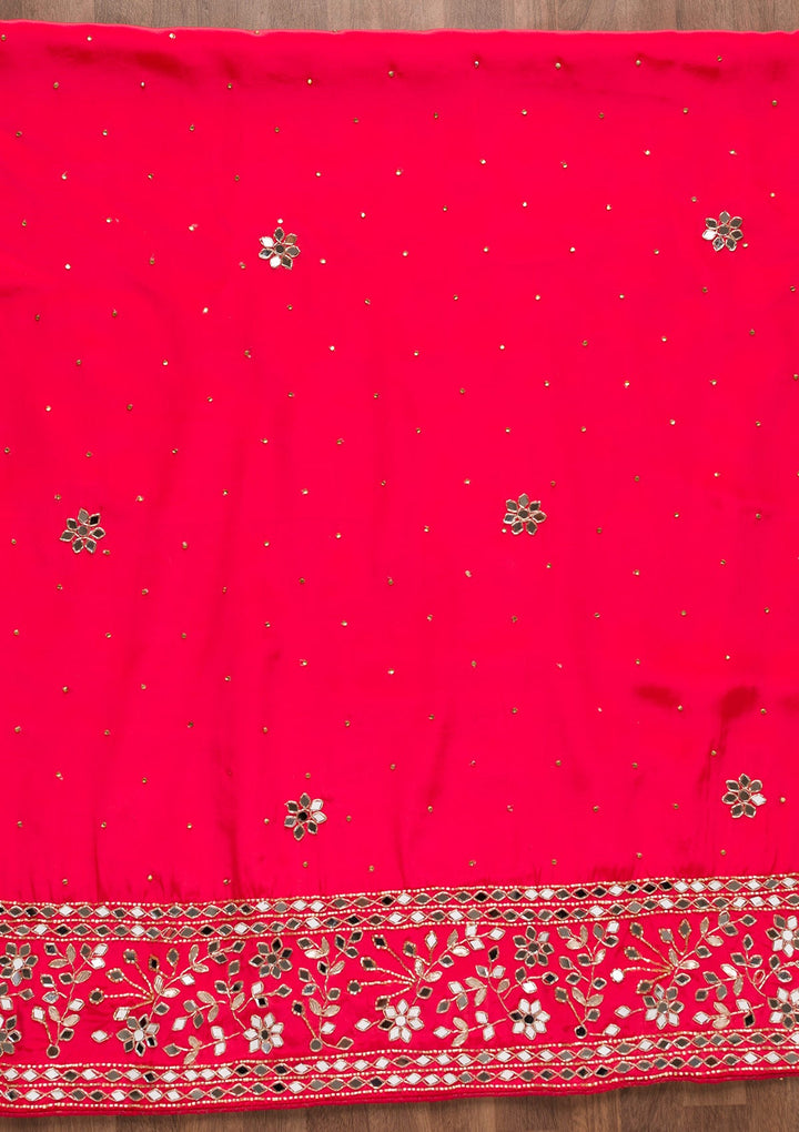 Red Mirrorwork Semi Crepe Unstitched Salwar Suit-Koskii