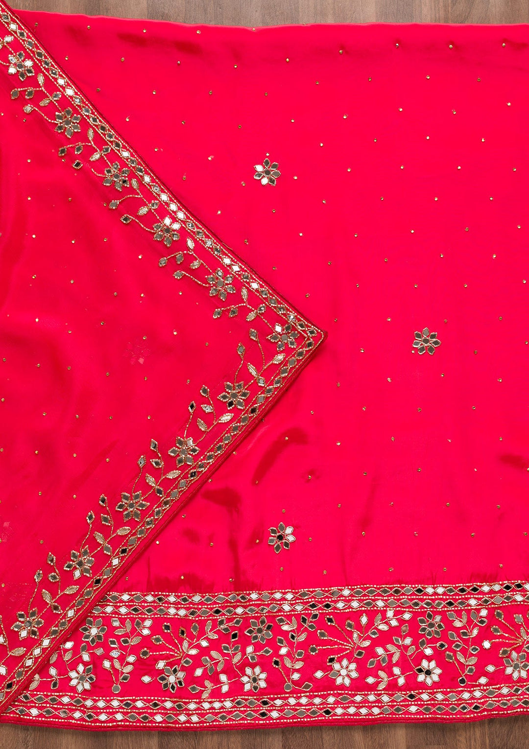 Red Mirrorwork Semi Crepe Unstitched Salwar Suit-Koskii