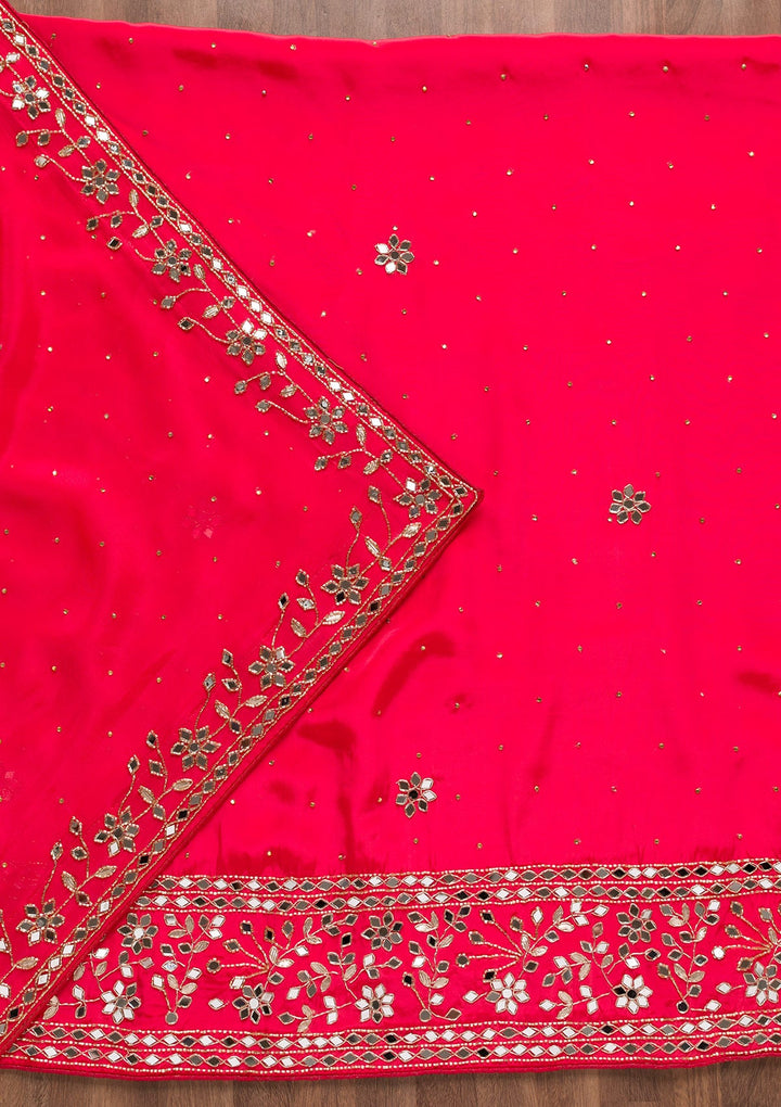 Red Mirrorwork Semi Crepe Unstitched Salwar Suit-Koskii