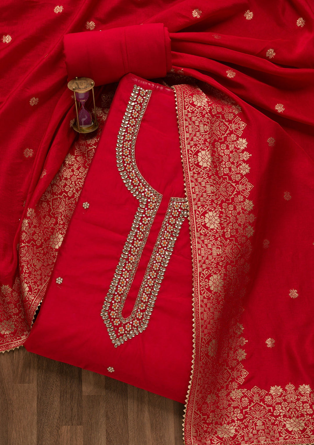 Red Pearlwork Silk Unstitched Salwar Suit-Koskii
