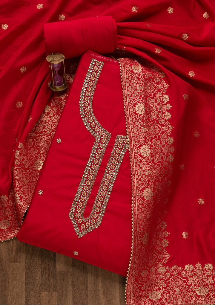 Red Pearlwork Silk Unstitched Salwar Suit-Koskii