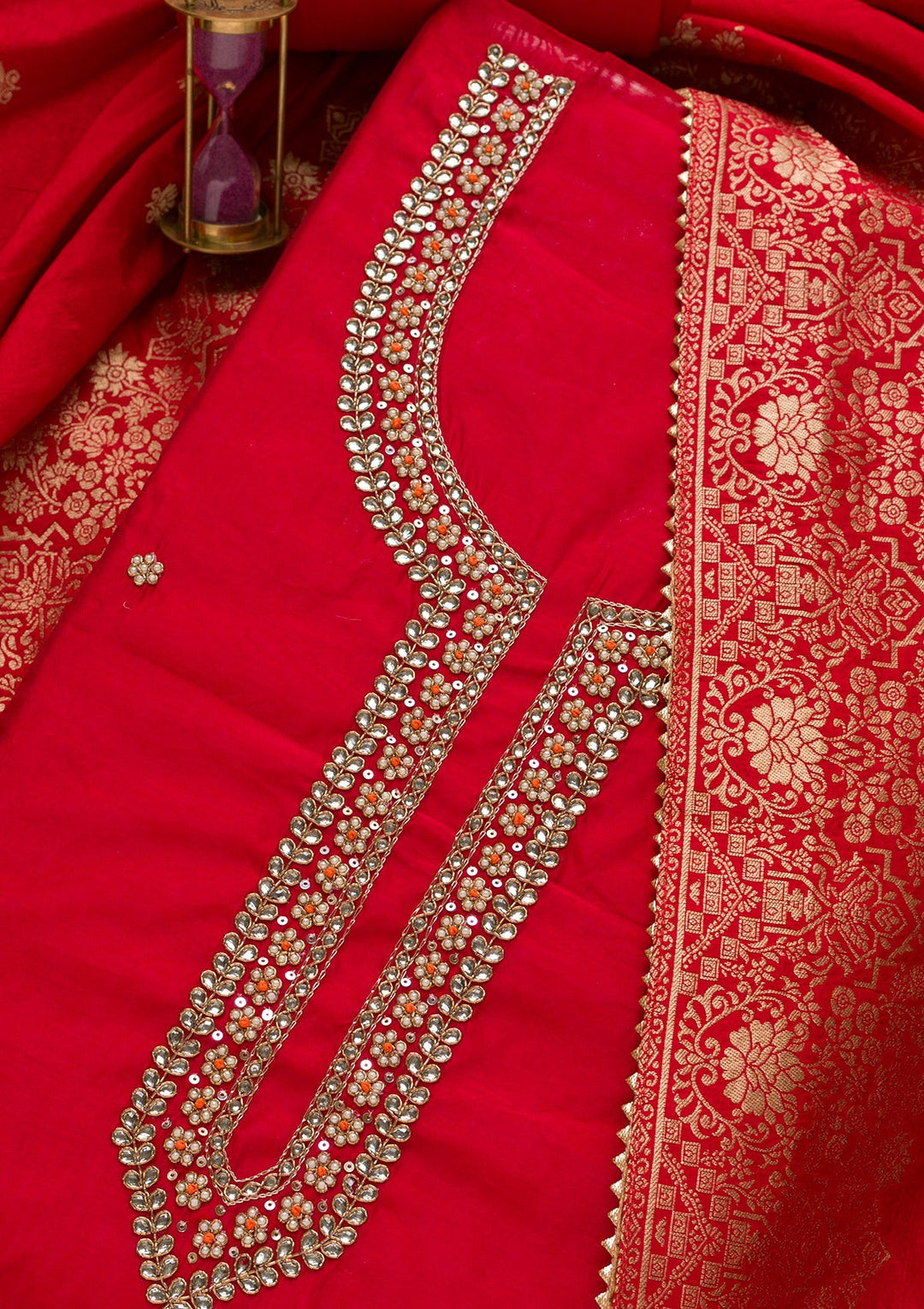 Red Pearlwork Silk Unstitched Salwar Suit-Koskii