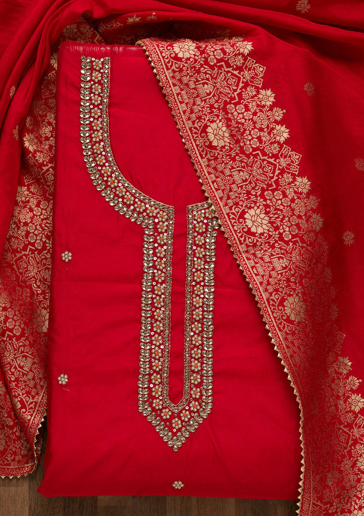 Red Pearlwork Silk Unstitched Salwar Suit-Koskii