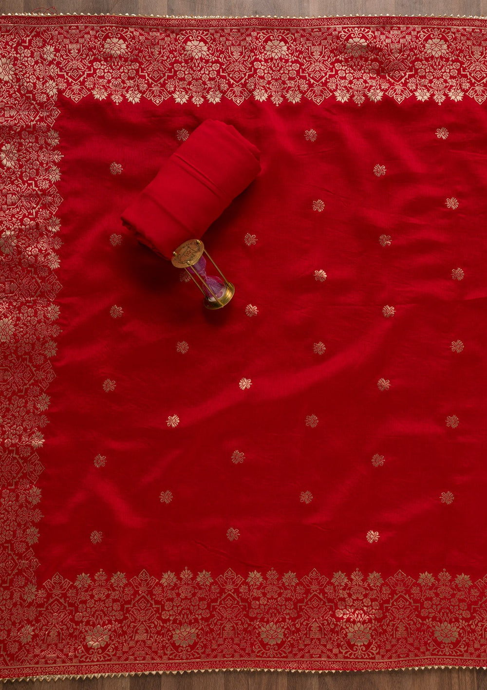 Red Pearlwork Silk Unstitched Salwar Suit-Koskii