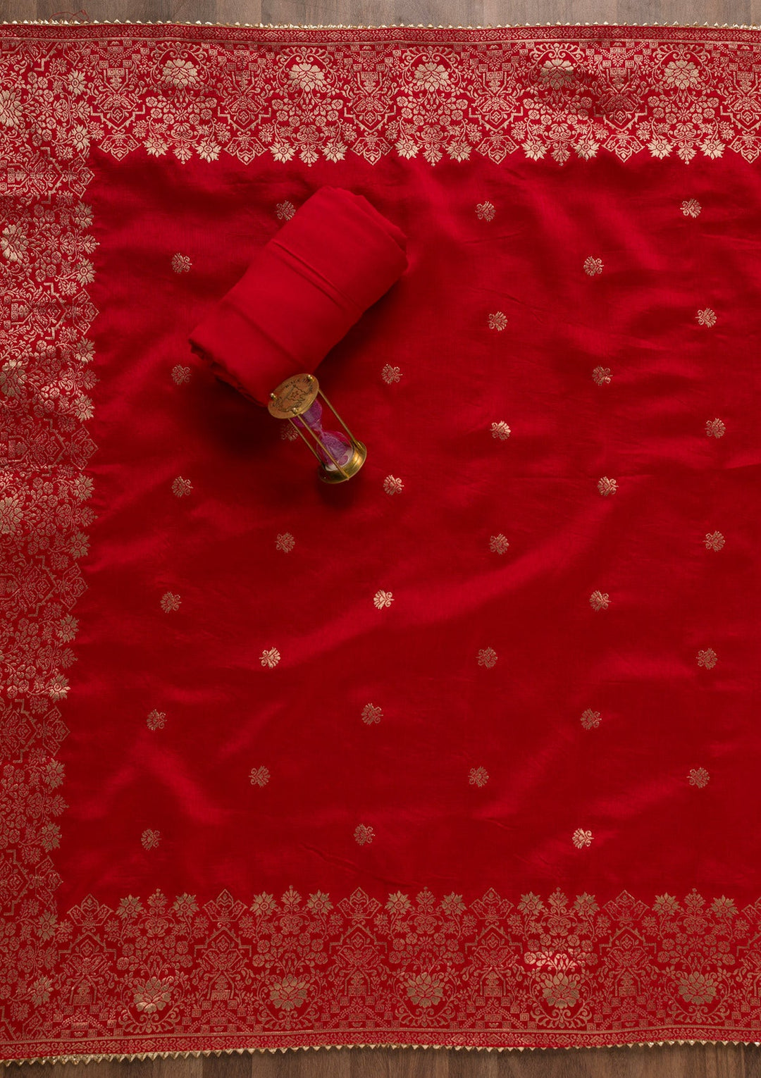 Red Pearlwork Silk Unstitched Salwar Suit-Koskii