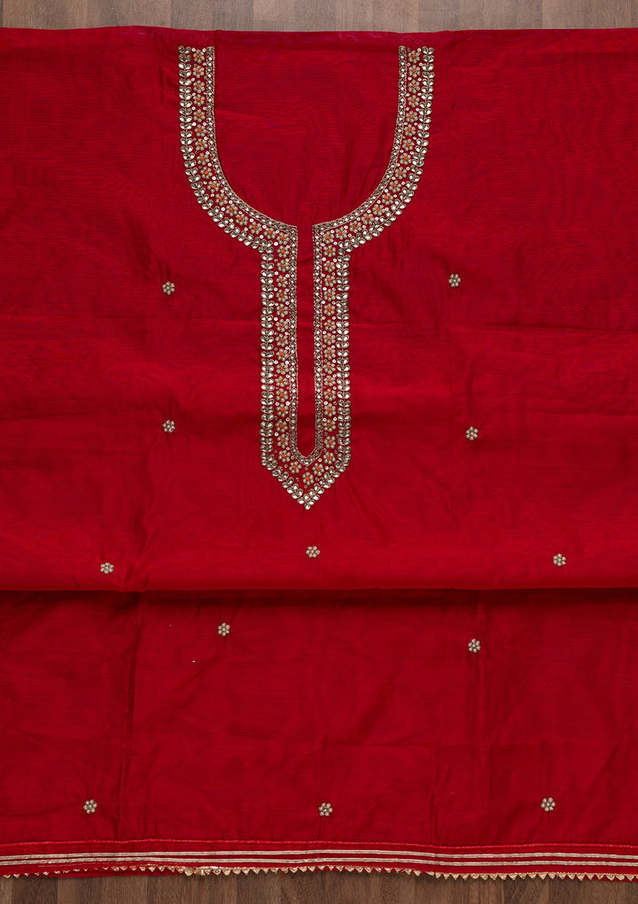Red Pearlwork Silk Unstitched Salwar Suit-Koskii