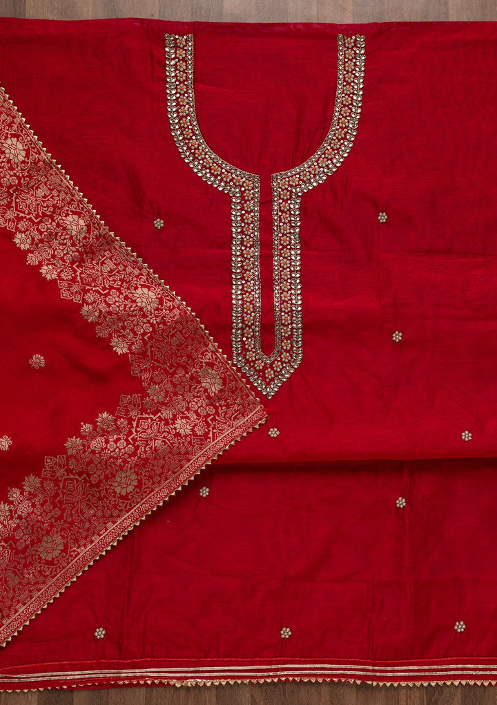 Red Pearlwork Silk Unstitched Salwar Suit-Koskii