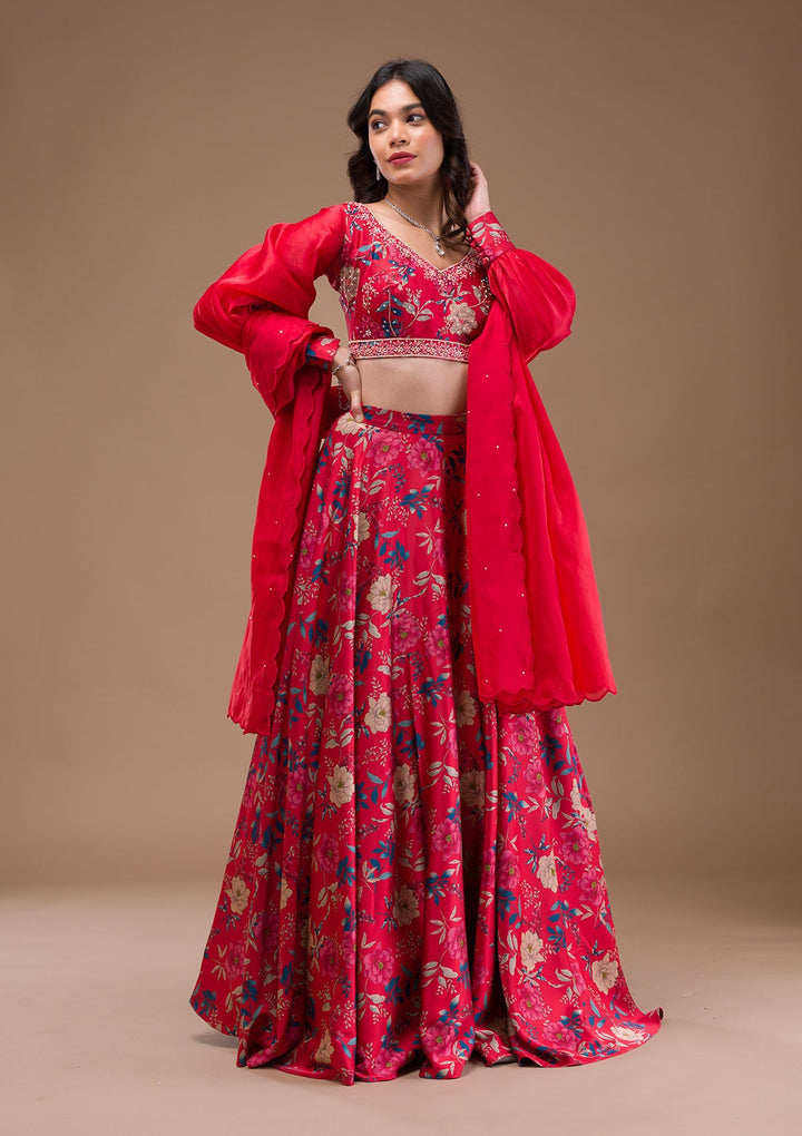 Red Print Satin Readymade Lehenga-Koskii