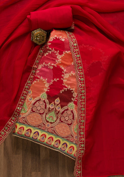 Red Printed Banarasi Unstitched Salwar Suit-Koskii