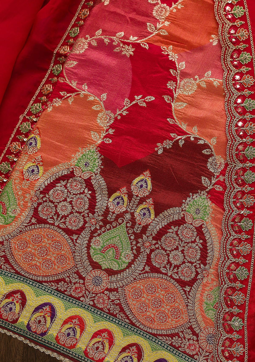 Red Printed Banarasi Unstitched Salwar Suit-Koskii