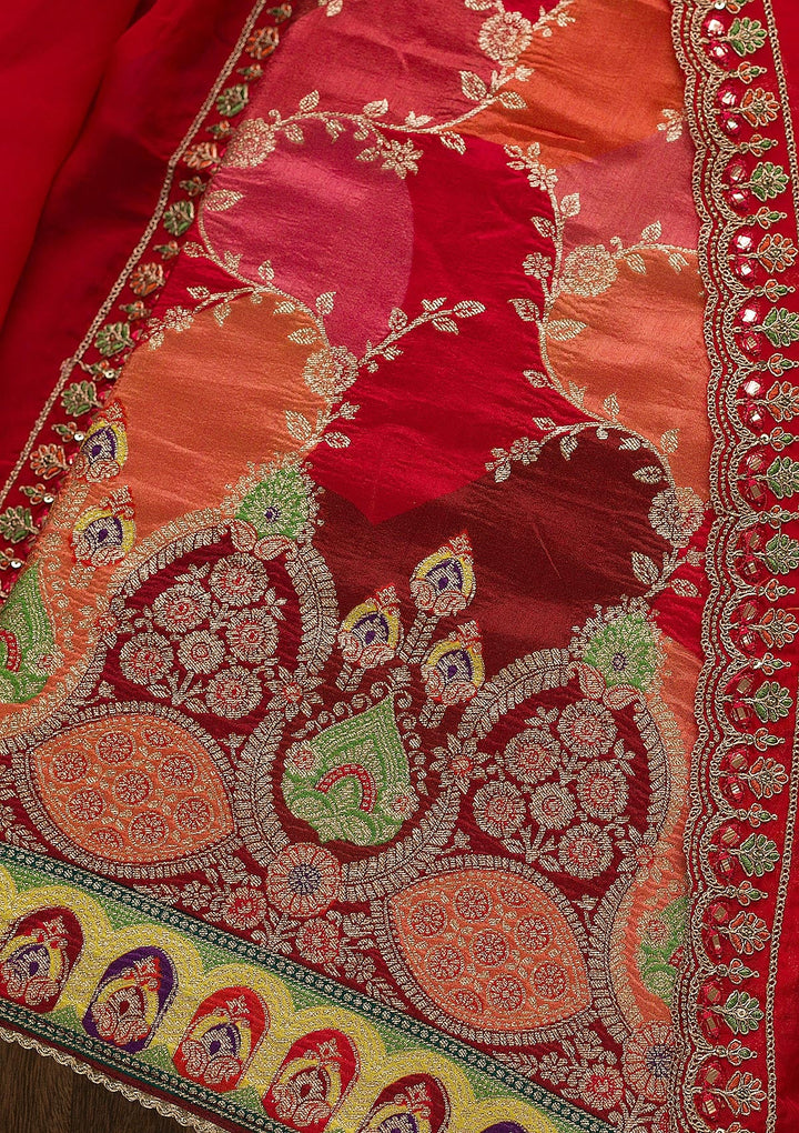 Red Printed Banarasi Unstitched Salwar Suit-Koskii