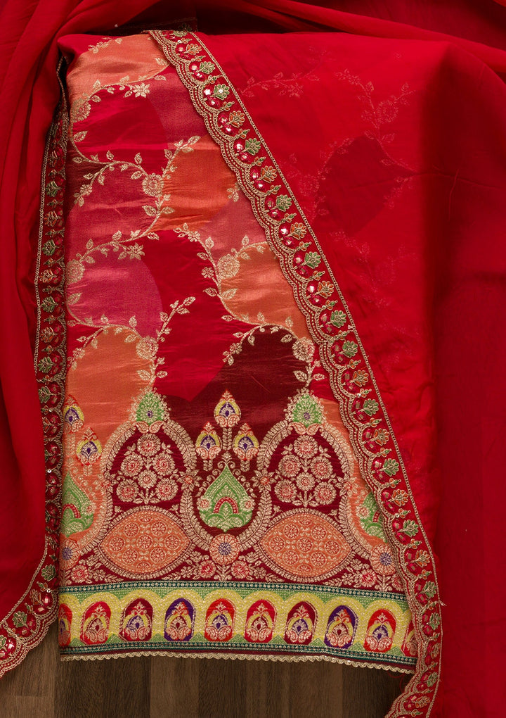 Red Printed Banarasi Unstitched Salwar Suit-Koskii
