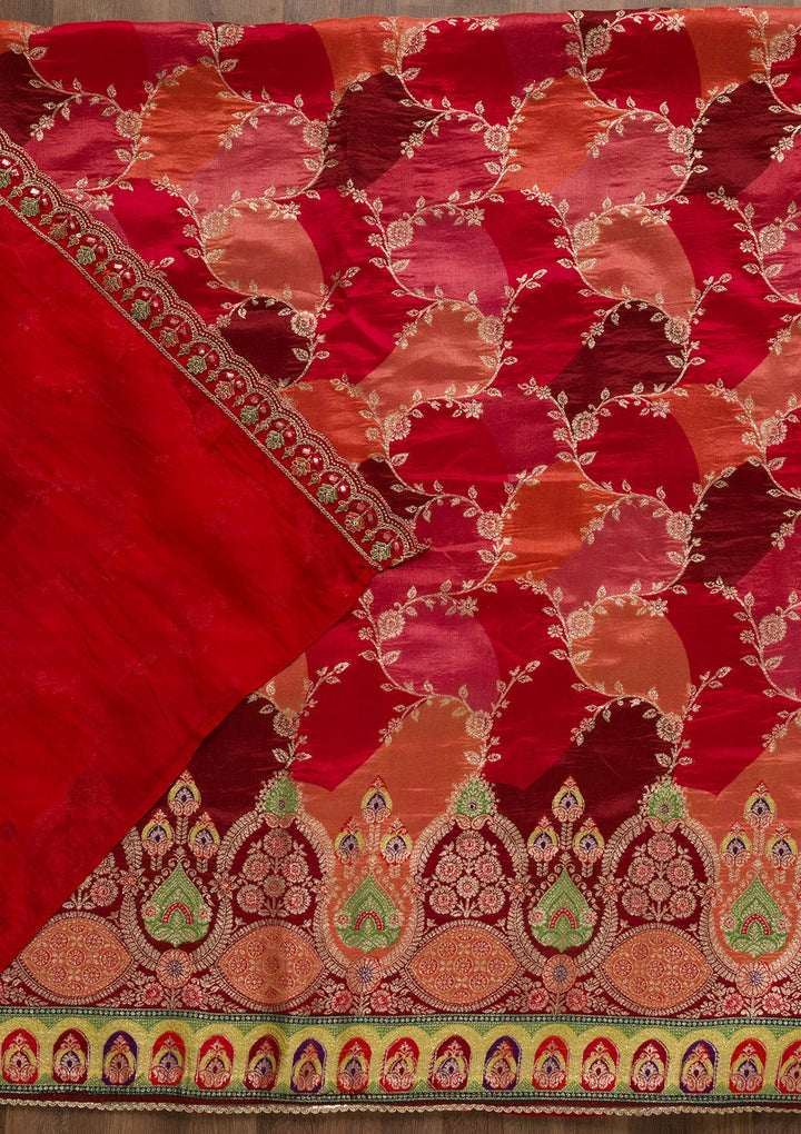 Red Printed Banarasi Unstitched Salwar Suit-Koskii